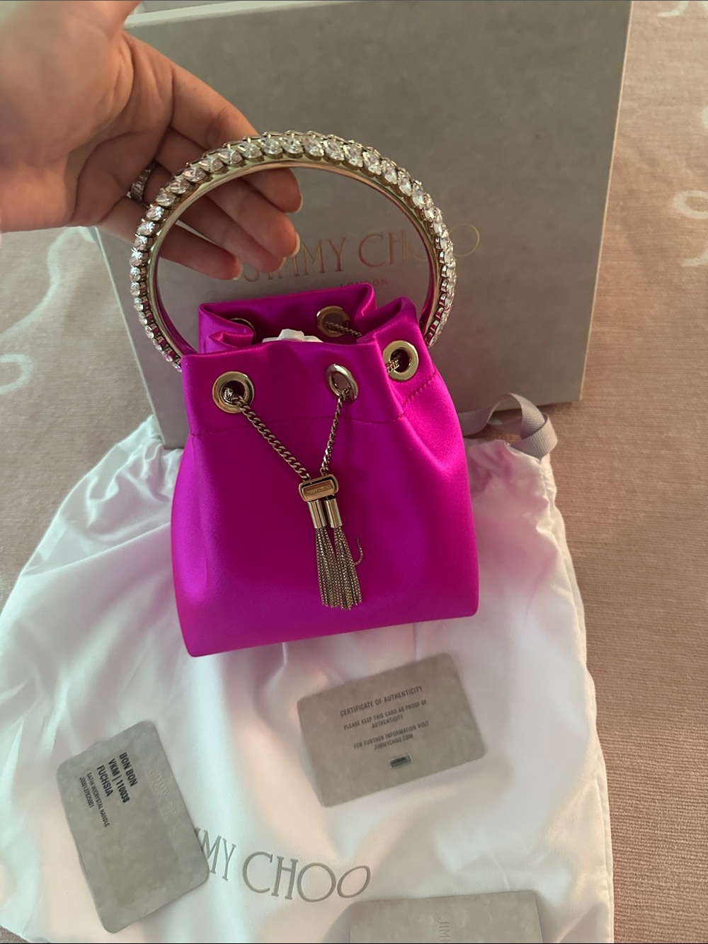Jimmy Choo Bon Bon fushia Mini Bucket Bag with Crystal Top Handle